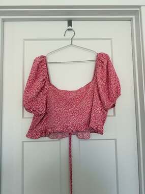 Women’s Pink Ditsy Floral Smocked Puff Sleeve Ruched Crop Top 3XL